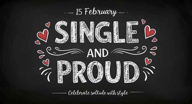 Vintage chalkboard-style design celebrating single and proud February 15 with decorative typography and heart elements ideal for self-love and independence awareness campaign