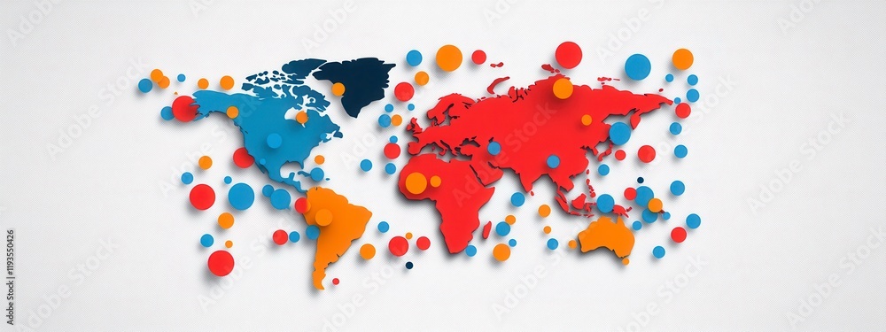 Poster colorful world map with vibrant dots representing global connections, diversity, and interactive dat