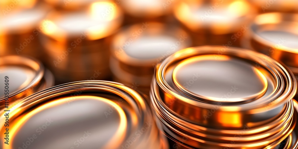 Poster a close-up view of shiny metal coins or circular objects stacked closely together, reflecting light 