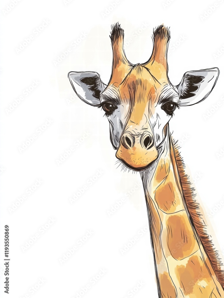 Poster Giraffe portrait showcasing unique features and gentle expression in an illustrated style. Generative AI