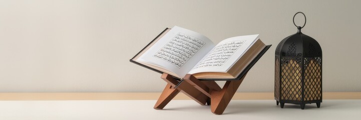 Open Quran rests on wooden stand beside a lantern