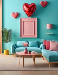 Cozy living room with pink and blue furniture, with large pink heart in a frame for valentine's day.