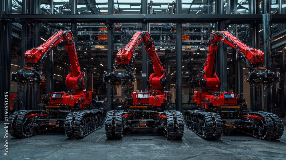 Poster three red industrial robots in a modern factory setting