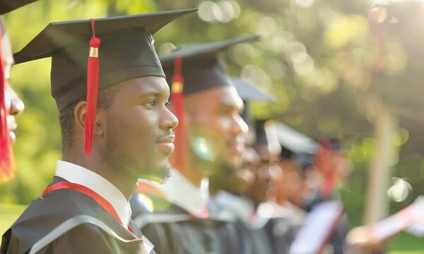 A happy smiling black university graduate wearing glasses, a black graduation cap and gown, joyfully looks at the camera. Happy college graduate students, education success concept, copy space