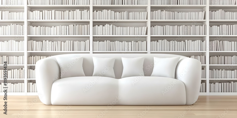 Poster a modern white sofa in front of a minimalist bookshelf filled with neatly arranged white books. conc