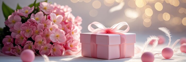 A pink gift box with a ribbon beside a pink flower arrangement. 