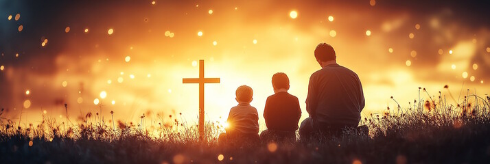 Father with two children near cross at sunset in a field, concept of faith and family devotion