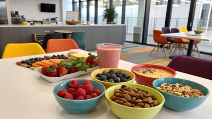 This image showcases a vibrant and healthy breakfast or snack spread laid out on a white table in a modern office or break room setting
