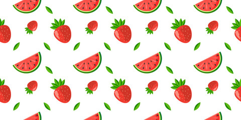 Seamless pattern with strawberries and watermelon slices. Vector graphics. For fabric design, background, packaging
