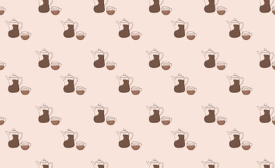 Seamless pattern in the fashionable color of 2025. A coffee pot and a cup of coffee in a linear style. Vector graphics. For fabric design, packaging, background, wallpaper