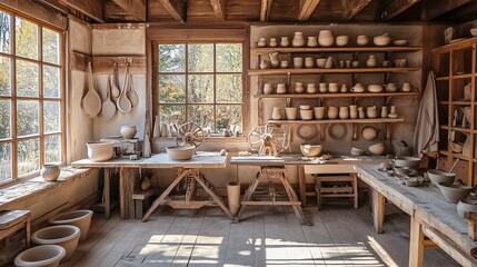 A rustic pottery class setup with spinning wheels, clay, and aprons neatly hung