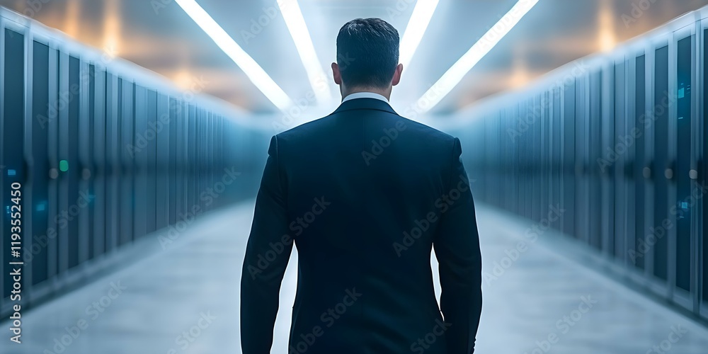 Aufkleber a person in a suit walks through a corridor of server racks, illuminated by overhead lights, creatin