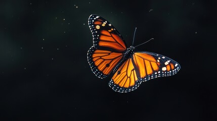 Fototapeta premium Monarch Butterfly in Flight A Stunning Closeup of a Monarch Butterfly Against a Dark Background