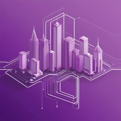A Purple Colored Cityscape Composition with Geometric Shapes and Lines.