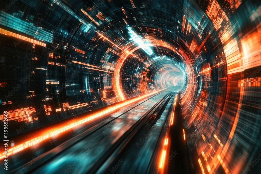 Poster futuristic digital tunnel with vibrant colors and glowing patterns in motion