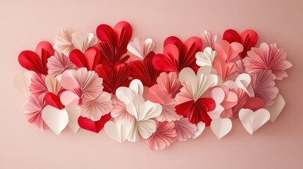 Romantic heart-shaped paper in red, pink, and white arranged gracefully on a soft pale pink background, perfect for a heartfelt Valentines Day display.