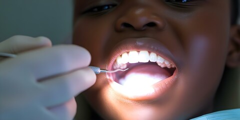 Fototapeta premium A child receiving dental care, with a dentist examining their teeth using a tool under bright light. Concept Child Dental Exam, Pediatric Dentistry, Bright Examination Light, Dental Tools