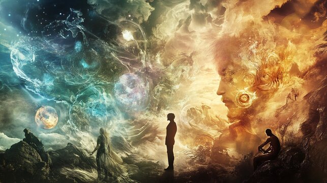 Depiction of Nietzschean philosophy featuring allegories of willpower abstract representations of existentialism