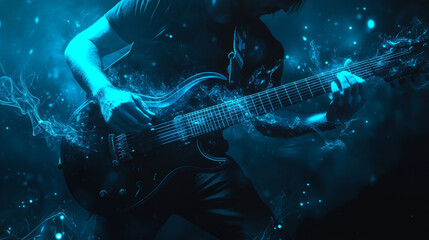 Obraz premium Guitarist of blue glowing dots. Guitarist vector illustration