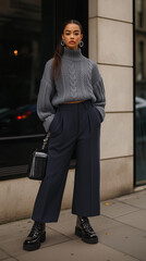 Obraz premium a cropped cable knit sweater in muted gray, styled with tailored navy trousers and chunky fisherman boots