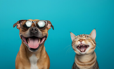 A cheerful dog wearing sunglasses and a happy cat sitting together against a bright turquoise background.