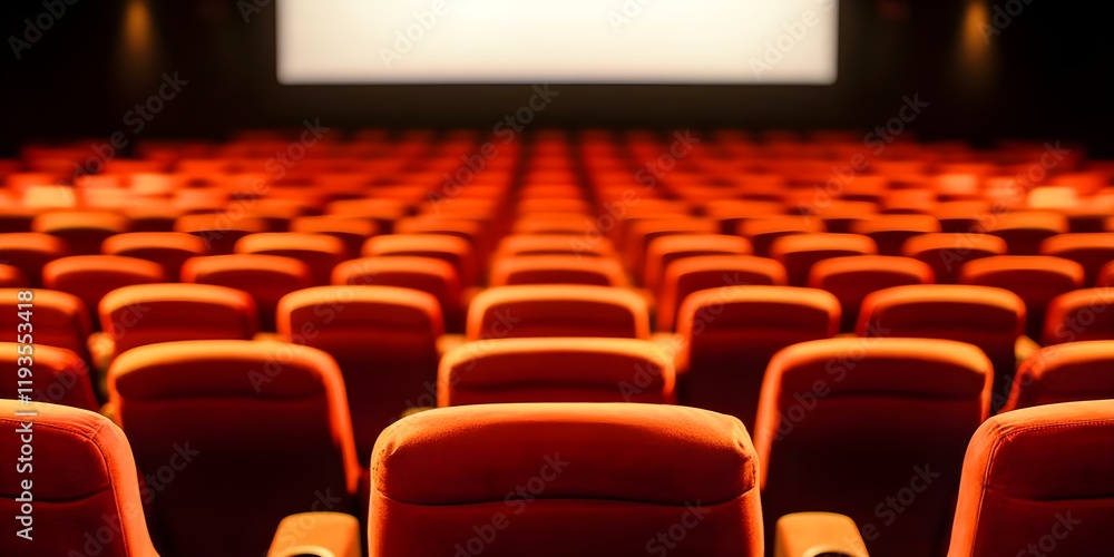 Poster a row of empty red theater seats facing a large blank screen in a cinema. concept empty theater seat