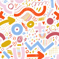 Obraz premium Colorful childish seamless pattern with bold brush strokes and doodles lines. Hand drawn simple childish scribbles, bold wavy brush strokes and geometric shapes. Abstract crayon scribbles.