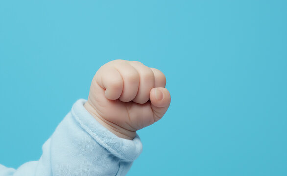 A baby's small clenched fist against a bright blue background, symbolizing innocence and potential.