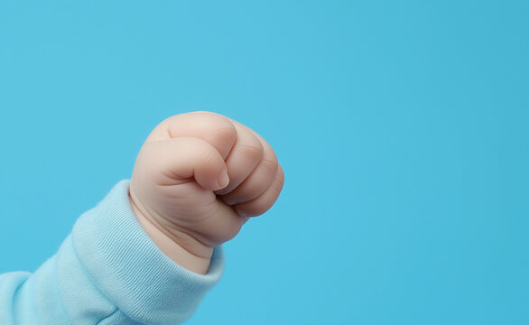 A baby's small clenched fist against a bright blue background, symbolizing innocence and potential.