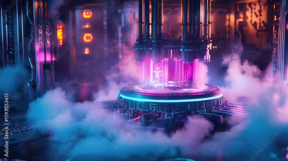 Poster cryogenically-cooled quantum processor surrounded by frosty mist and glowing circuitry