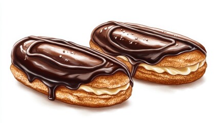 Obraz premium Delicious Chocolate Eclairs with Cream Filling and Glossy Chocolate Icing Perfect for Dessert Lovers and Bakery Displays in Food Photography