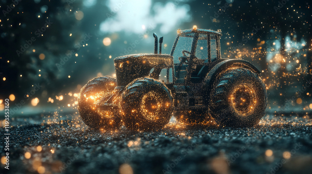Poster tractor of the particles. the tractor consists of small dots and circles.