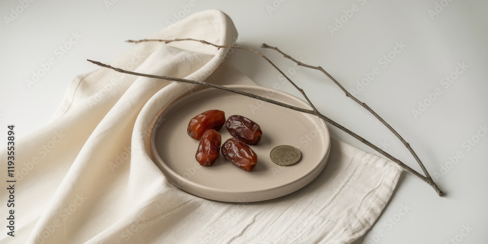 Poster dates and a coin on a plate with twigs