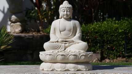 Serene White Buddha Statue in Garden Setting