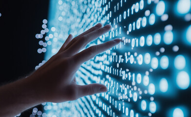 A hand reaches towards a glowing wall of binary code, symbolizing technology interaction and digital innovation.