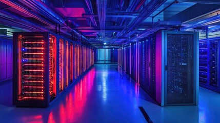Cutting-edge computing data center with pulsating lights and futuristic server racks in a dark, neon-lit room
