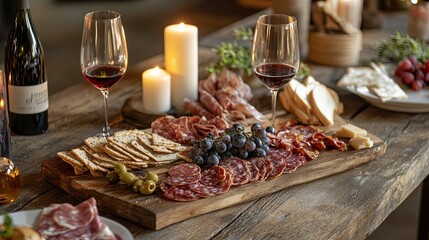 A rustic table setup with a charcuterie board, wine glasses, and candles