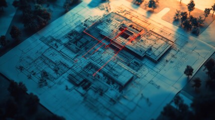 Obraz premium Architectural Model Overlapping Blueprint Design