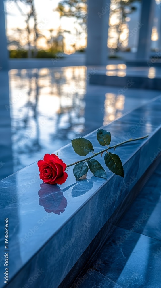 Poster single red rose resting on a clean concrete step with a modern building softly blurred in the backgr