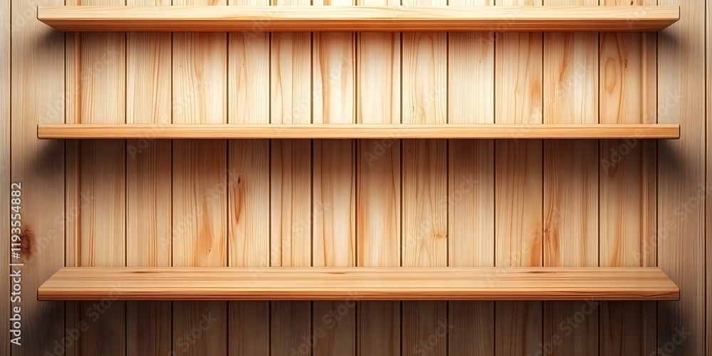 Poster a wooden wall with three empty shelves illuminated by soft lighting, creating a warm and inviting at