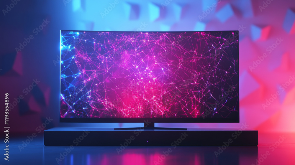 Poster a hologram tv. a high-definition tv made of polygons, triangles of dots and lines. 4k tv low-poly co
