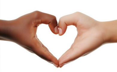 Obraz premium Two hands of different skin tones forming a heart shape on a white background, symbolizing love and unity.