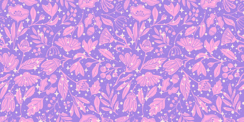 Pink on Purple Floral Seamless Pattern