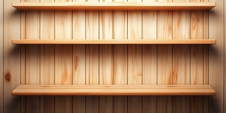 A wooden wall with three empty shelves illuminated by soft lighting, creating a warm and inviting atmosphere. Concept Wooden Wall Decor, Empty Shelves Styling, Warm Lighting Effects