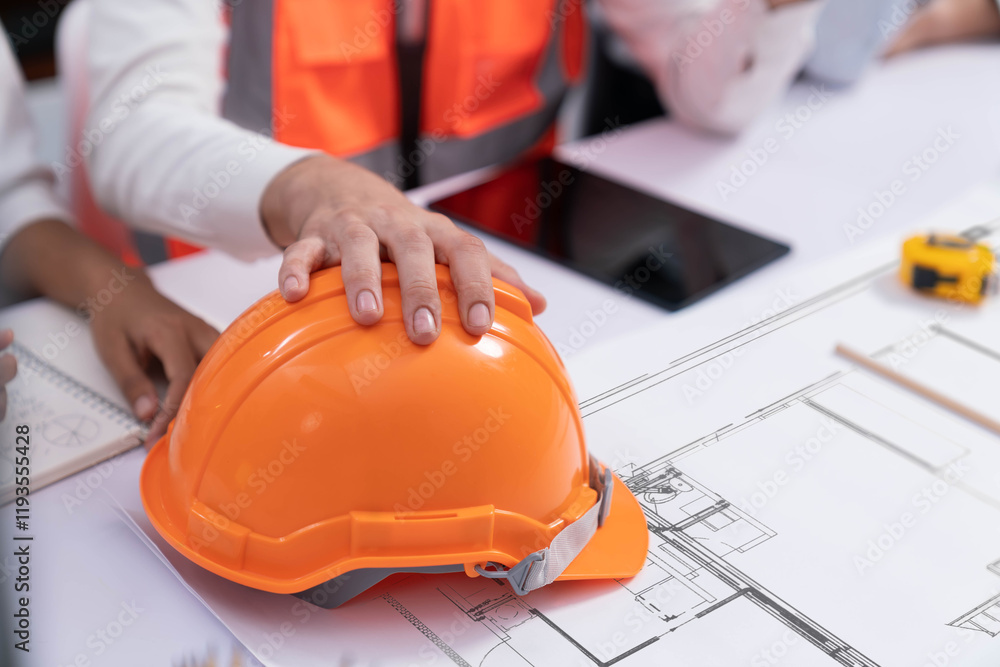 Aufkleber diverse group of civil engineer and client working together on architectural project, reviewing cons
