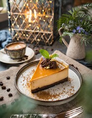 Sweet caramel cheesecake slice with a cup of cappuccino in a warm and inviting cafe atmosphere.