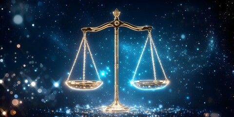 A golden balance scale displayed against a sparkling cosmic background, symbolizing justice and fairness. Concept Cosmic Background, Golden Balance Scale, Symbol of Justice, Fairness Representation