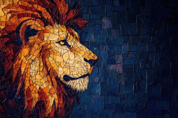 A majestic lion's profile, crafted in vibrant mosaic tiles against a dark stone backdrop.