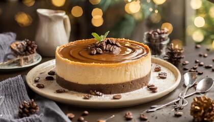 Coffee cheesecake with caramel topping, coffee beans, and mint, sitting on a plate.