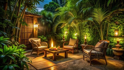 Fototapeta premium Low Light Tropical Backyard: Bamboo Furniture & Tiki Torches